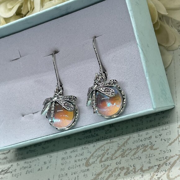Silver plate Iridescent Dragonfly Wire Opal Earrings Fall Gift Mom Birthday Wife - Picture 8 of 16